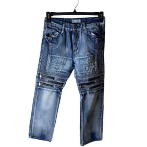 Blue Cult Denim Youth Size 18 Moto Distressed Zippers Greaser Straight Blue Jean